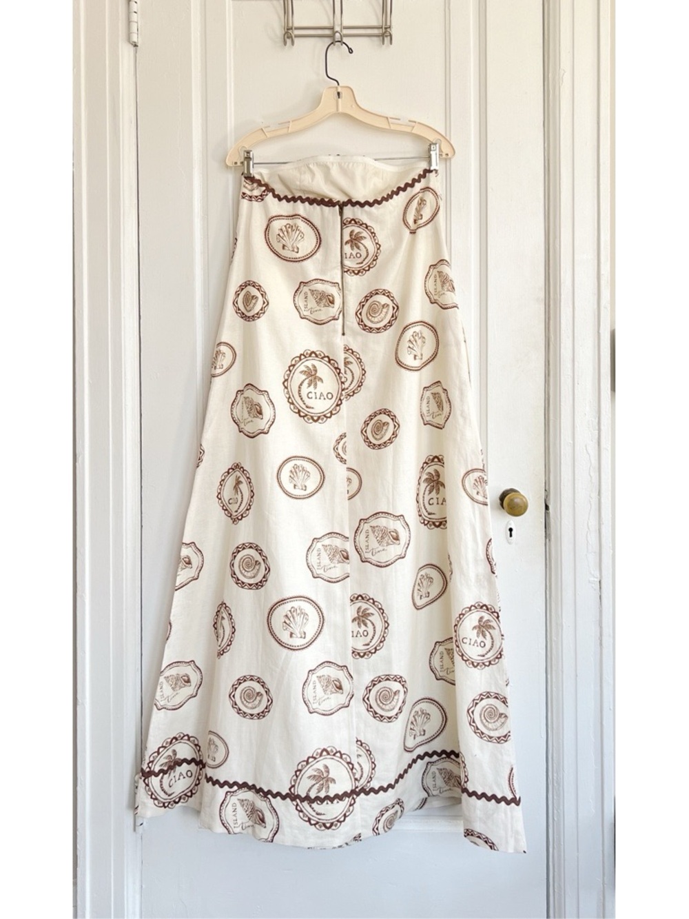 Kivari • Anthropologie Ciao Strapless Maxi Dress white linen print rickrack - Picture 12 of 15